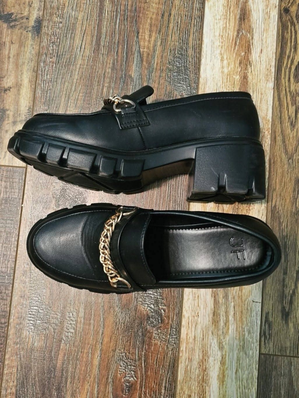 Black Leather Chain-Trim Platform Loafers
